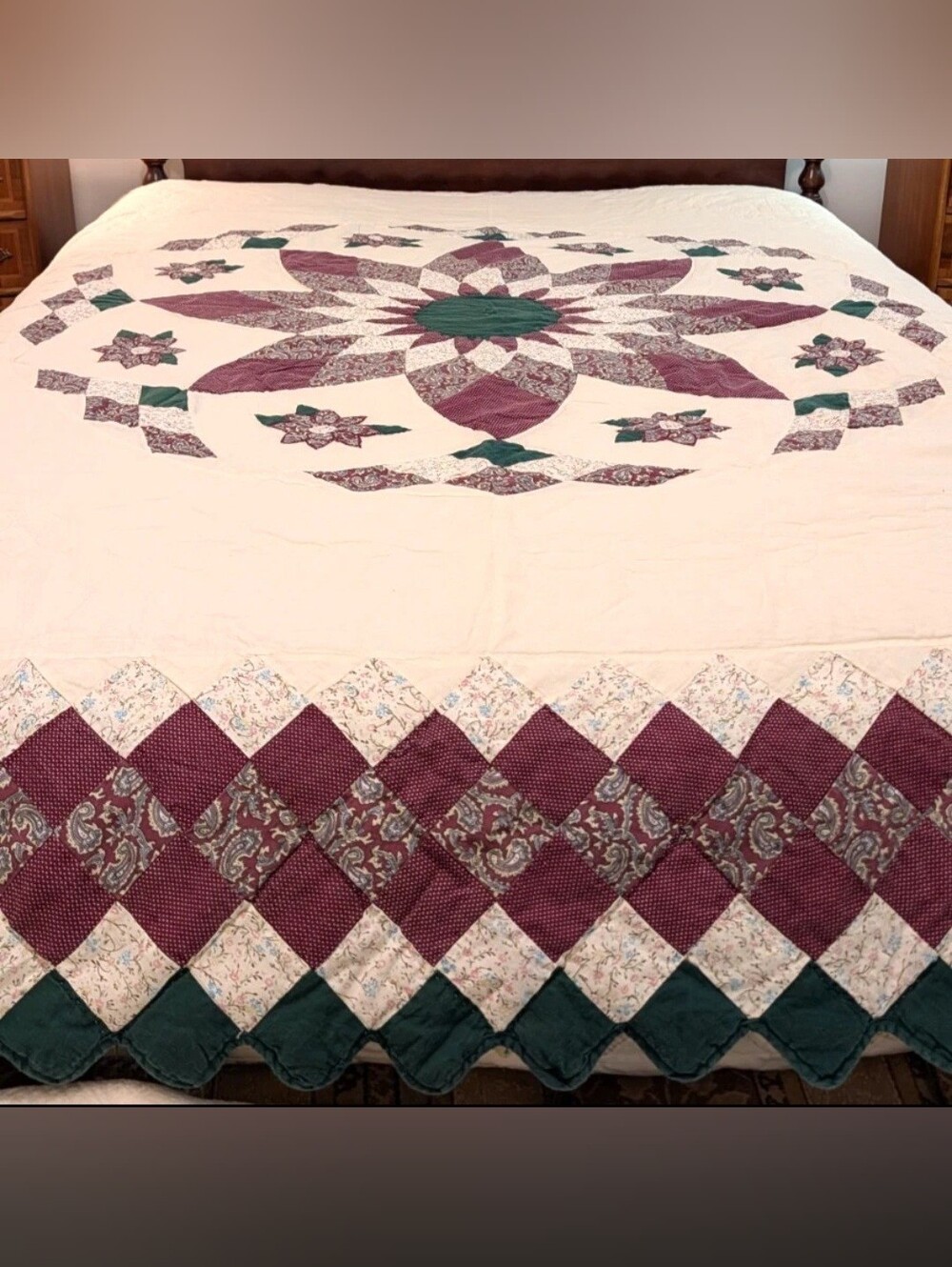 Handmade Floral Medallion Cotton Quilt in Cream, Burgundy & Forest Green